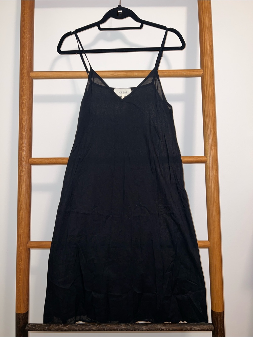 THE GREAT. Black Cotton/Cupro V-Neck Slip Dress - Size 1 (Small)
